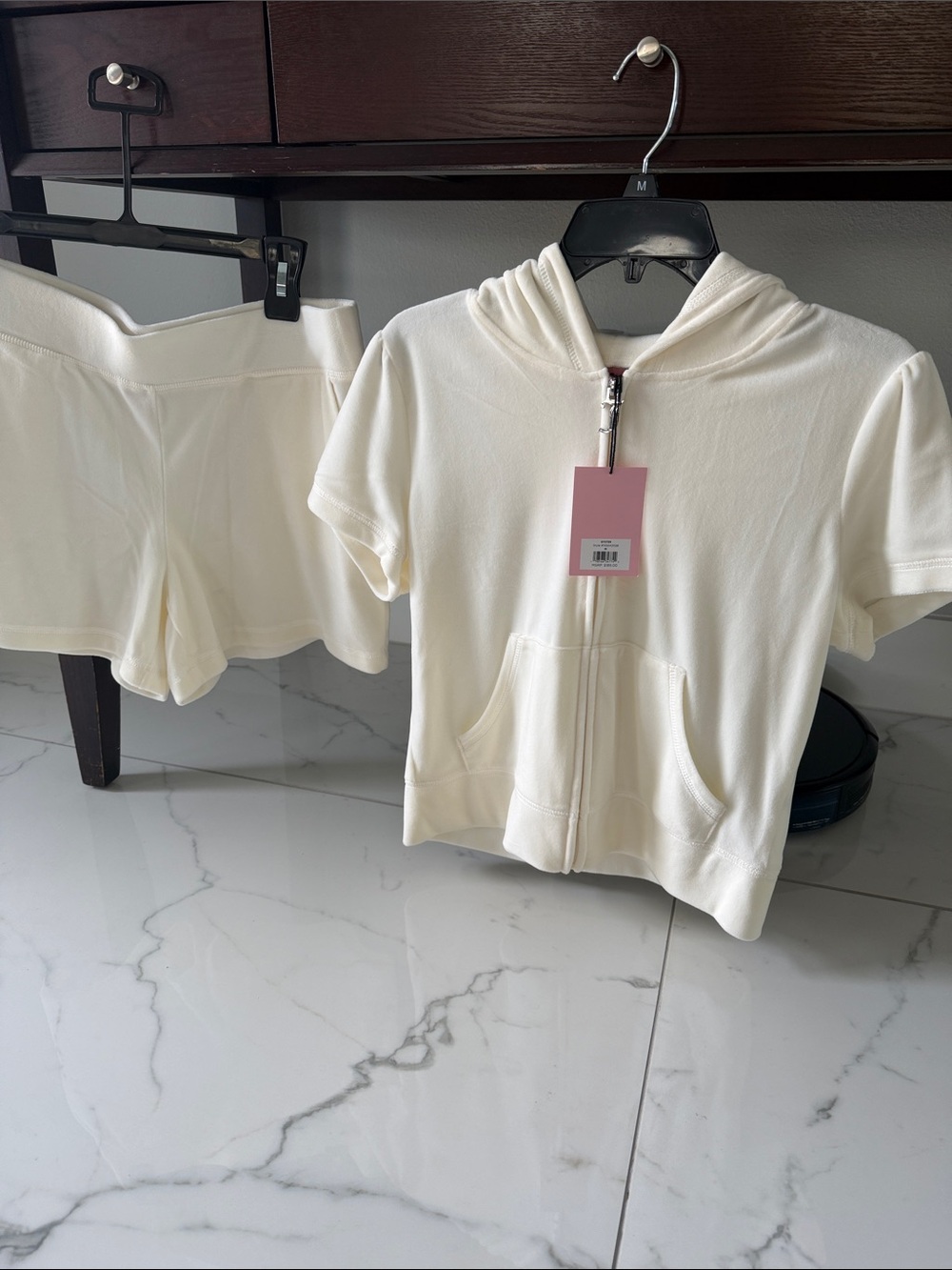 Juicy Couture Cream Rhinestone Logo Short Sleeve Hoodie & Shorts Set